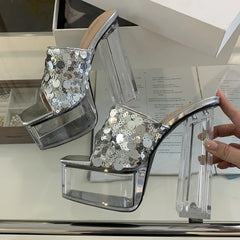 Silver Sequin Platform Heels