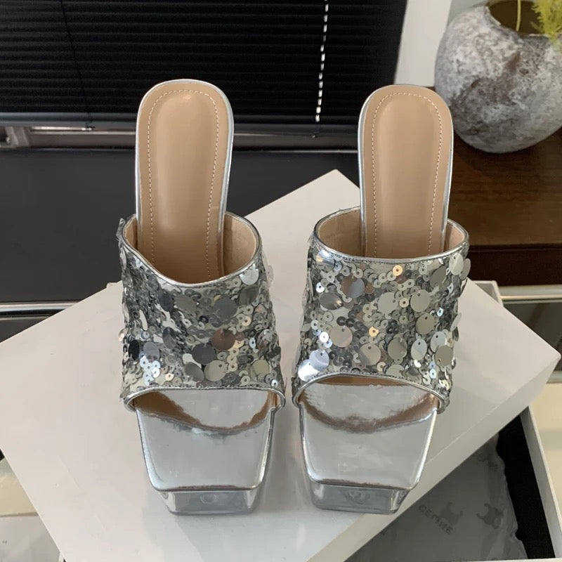 Silver Sequin Platform Heels