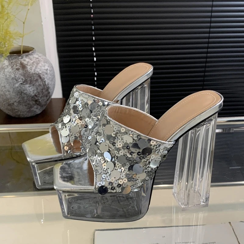 Silver Sequin Platform Heels