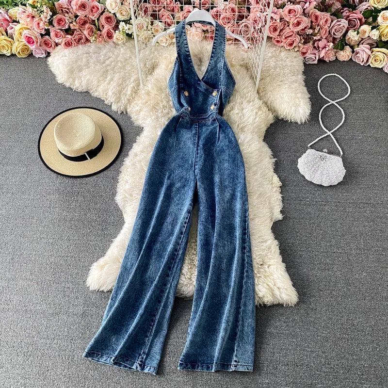 Jeremy Denim Halter Jumpsuit - Label Frenesi Fashion