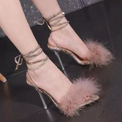 Fur Tie Up Heels - Label Frenesi Fashion