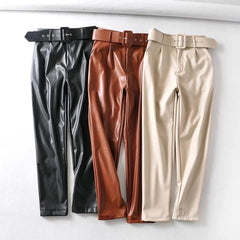 Leatherette Belted Pants - Label Frenesi Fashion