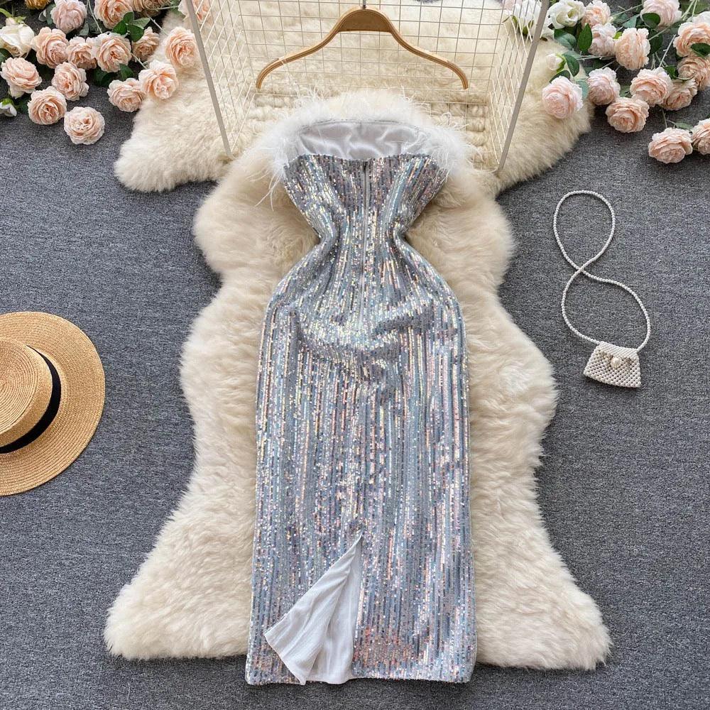 Opal Fur Sequin Tube Dress - Label Frenesi Fashion