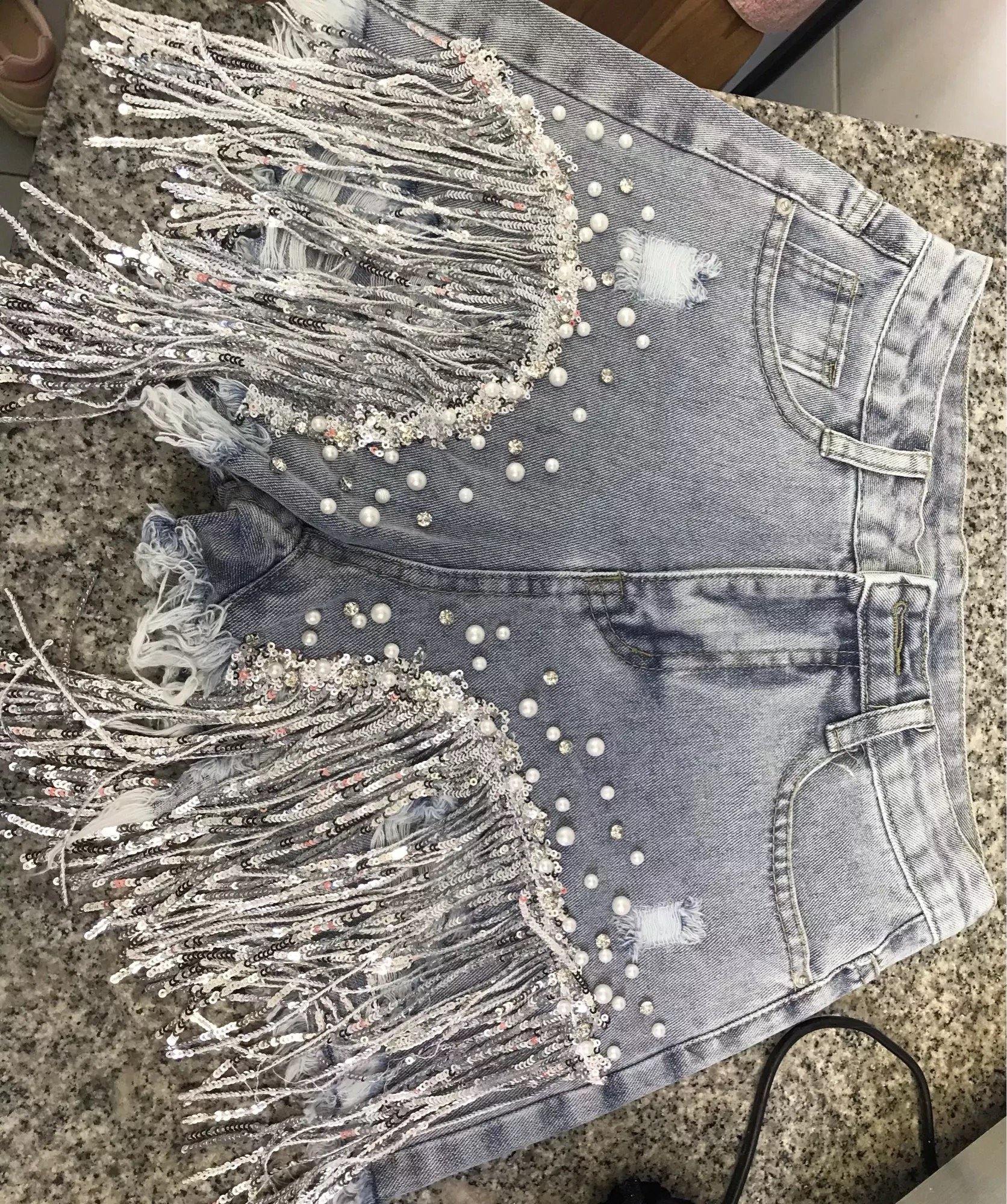 Rhinestone Fringe Denim Shorts - Label Frenesi Fashion