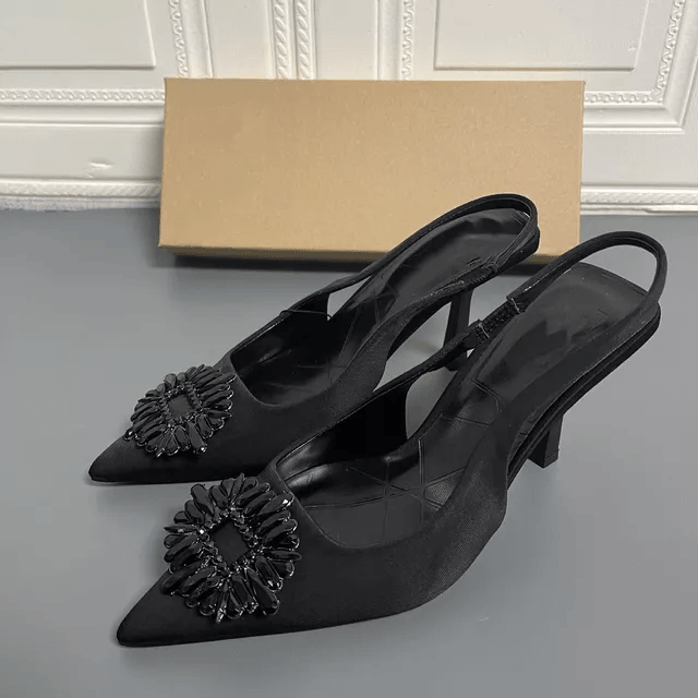 Slingback Black Brooch Heels - Label Frenesi Fashion