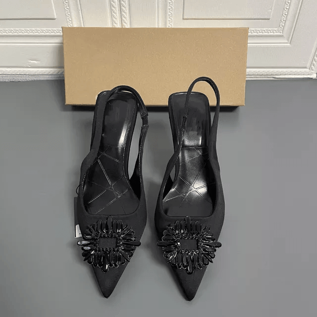 Slingback Black Brooch Heels - Label Frenesi Fashion