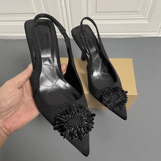 Slingback Black Brooch Heels - Label Frenesi Fashion